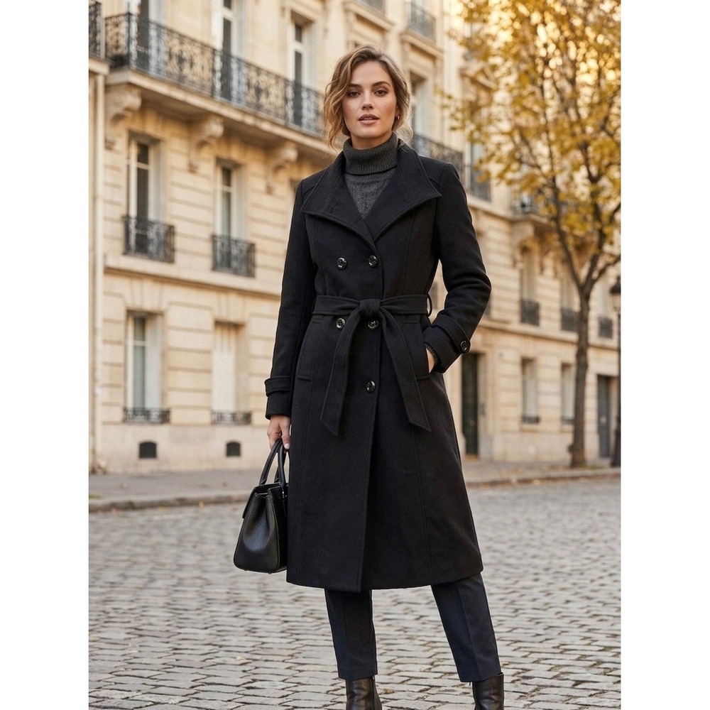 Escalier Womens Black Wool Blend Double Breasted Belted Trench Coat Size S NWT